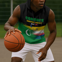 Comoros Independence Day Sleeveless Hoodie Comorian Flag Brush Stroke National Pride Graphic