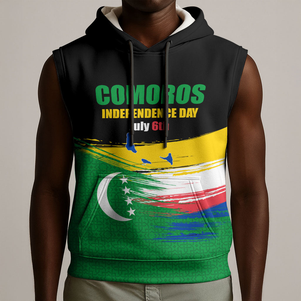 Comoros Independence Day Sleeveless Hoodie Comorian Flag Brush Stroke National Pride Graphic