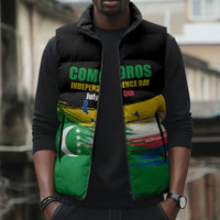 Comoros Independence Day Sleeveless Puffer Jacket Comorian Flag Brush Stroke National Pride Graphic