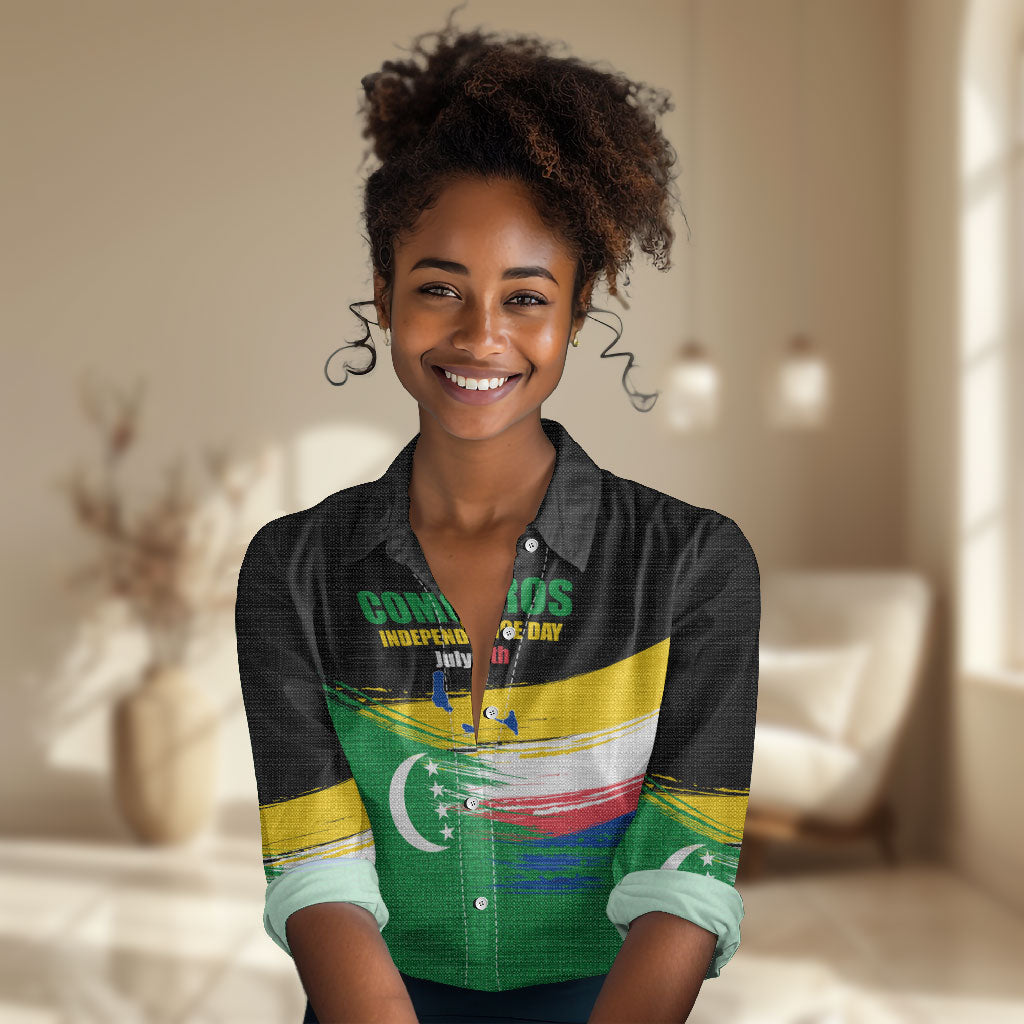 Comoros Independence Day Women Casual Shirt Comorian Flag Brush Stroke National Pride Graphic