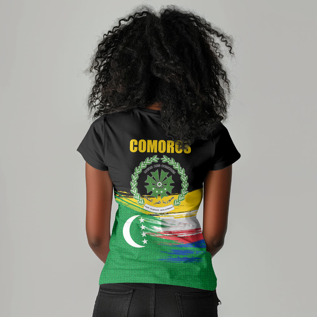 Comoros Independence Day Women V-Neck T-Shirt Comorian Flag Brush Stroke National Pride Graphic