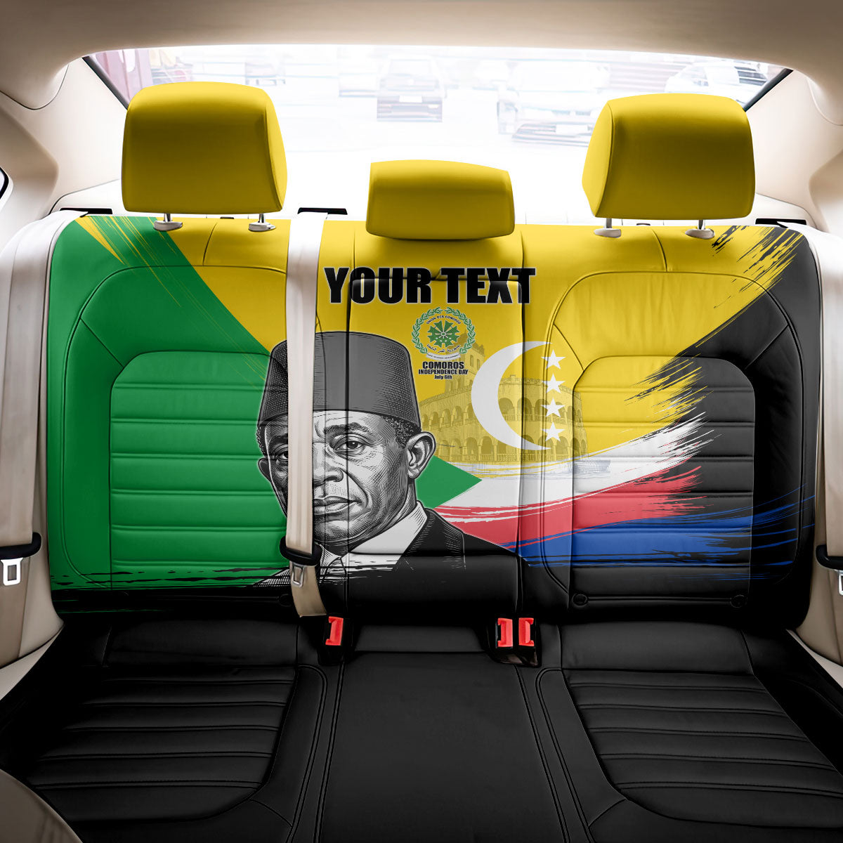Personalized Comoros Independence Day Back Car Seat Cover Ahmed Abdallah Vintage Portrait Sketch