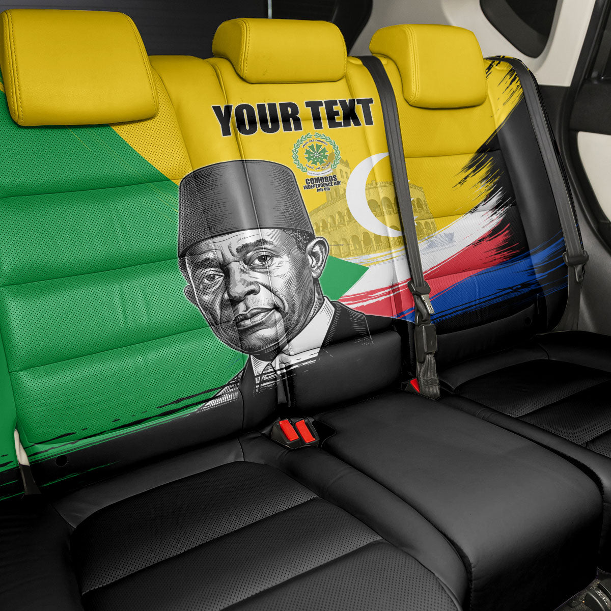 Personalized Comoros Independence Day Back Car Seat Cover Ahmed Abdallah Vintage Portrait Sketch