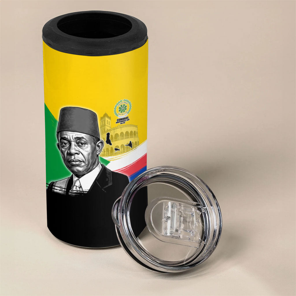 Personalized Comoros Independence Day 4 in 1 Can Cooler Tumbler Ahmed Abdallah Vintage Portrait Sketch