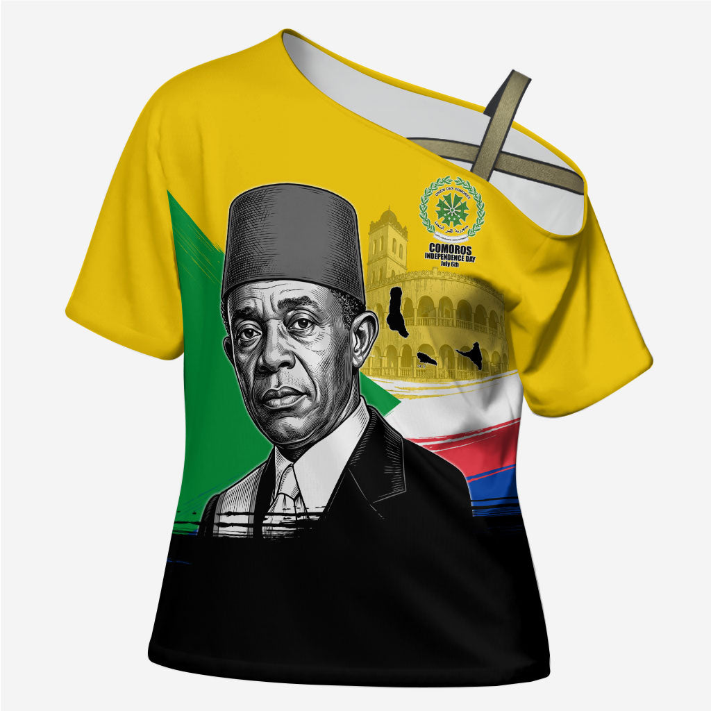 Personalized Comoros Independence Day Cross Shoulder Shirt Ahmed Abdallah Vintage Portrait Sketch