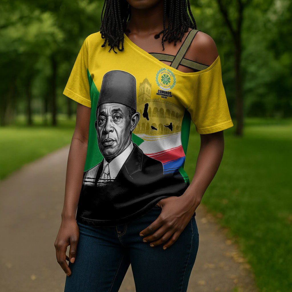 Personalized Comoros Independence Day Cross Shoulder Shirt Ahmed Abdallah Vintage Portrait Sketch