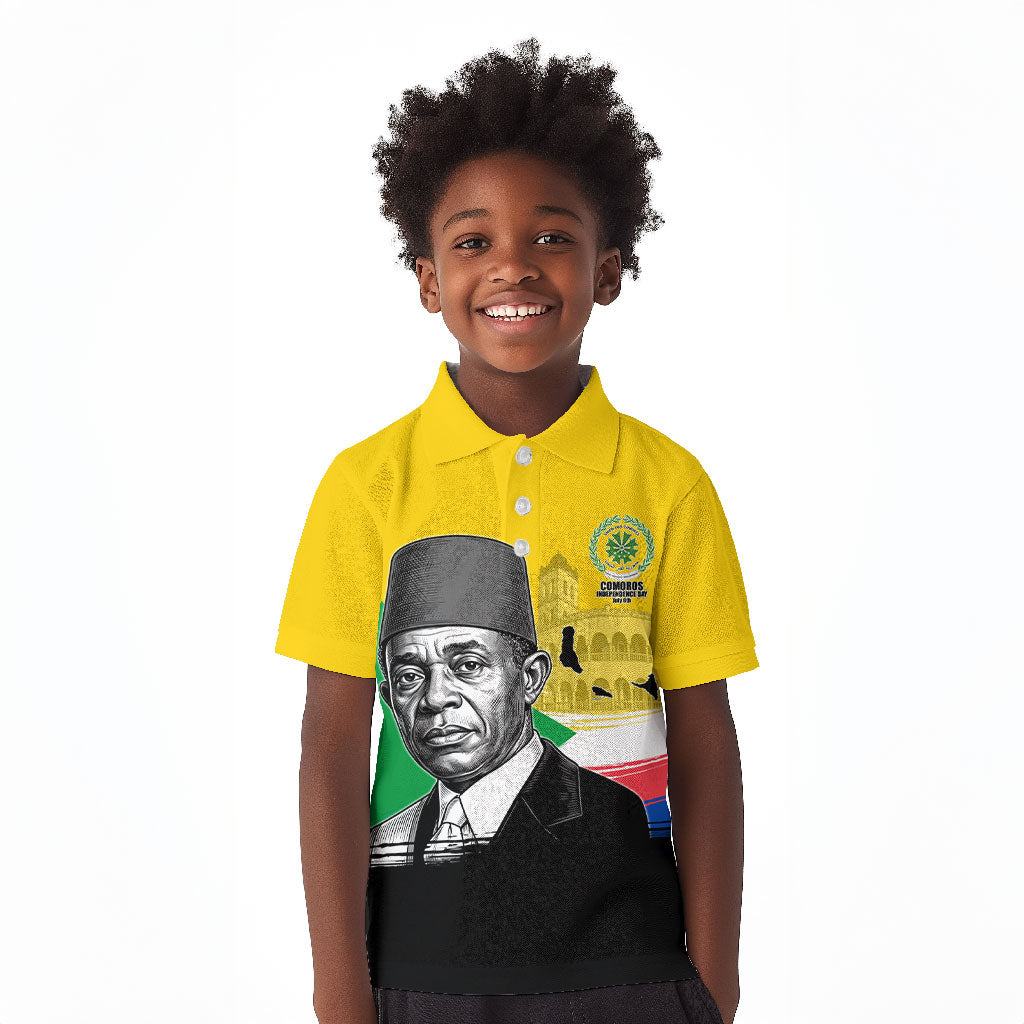 Personalized Comoros Independence Day Kid Polo Shirt Ahmed Abdallah Vintage Portrait Sketch