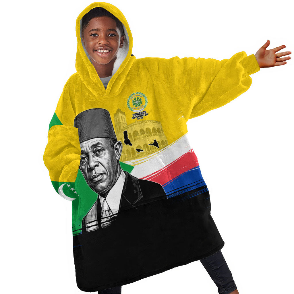 Personalized Comoros Independence Day Kid Wearable Blanket Hoodie Ahmed Abdallah Vintage Portrait Sketch