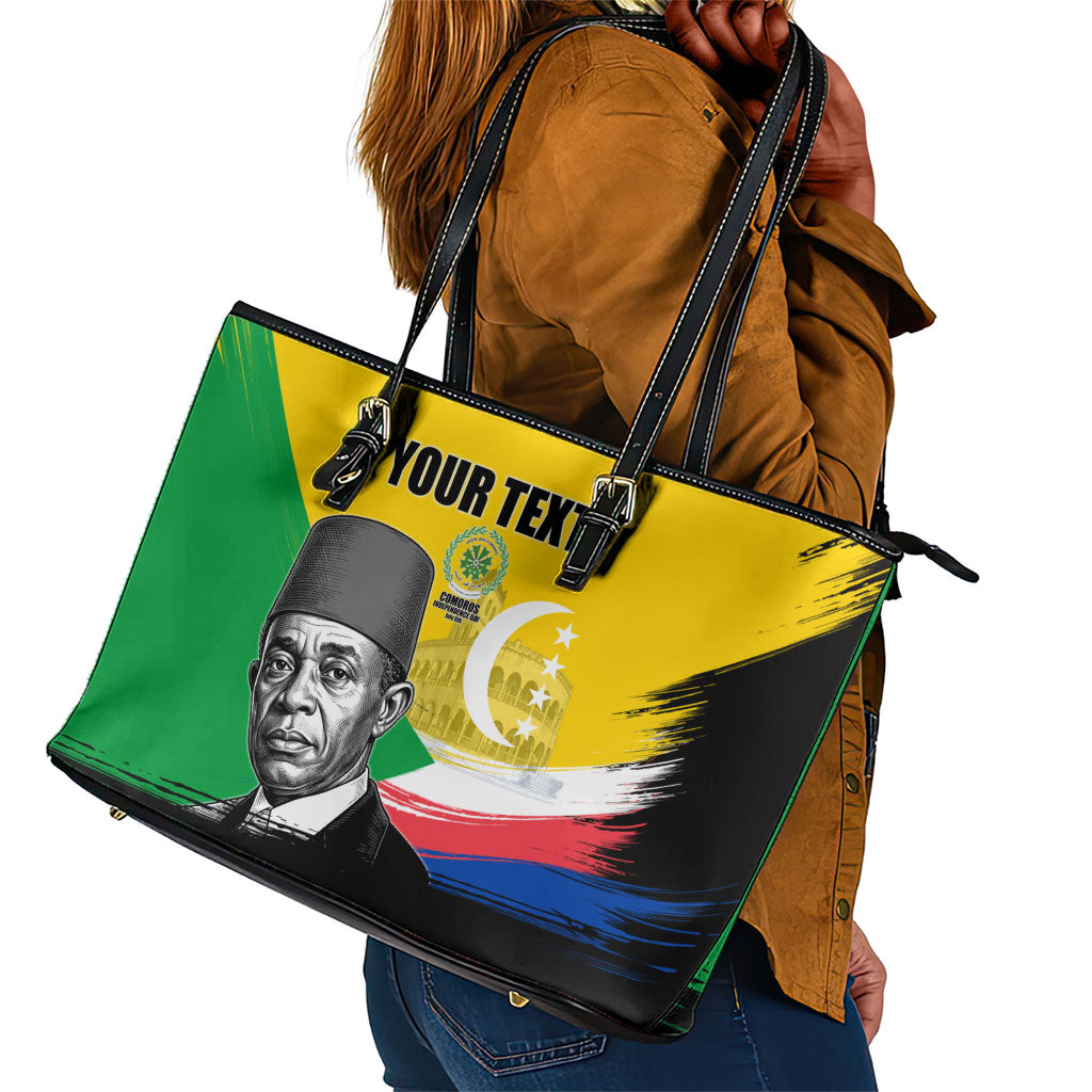 Personalized Comoros Independence Day Leather Tote Bag Ahmed Abdallah Vintage Portrait Sketch