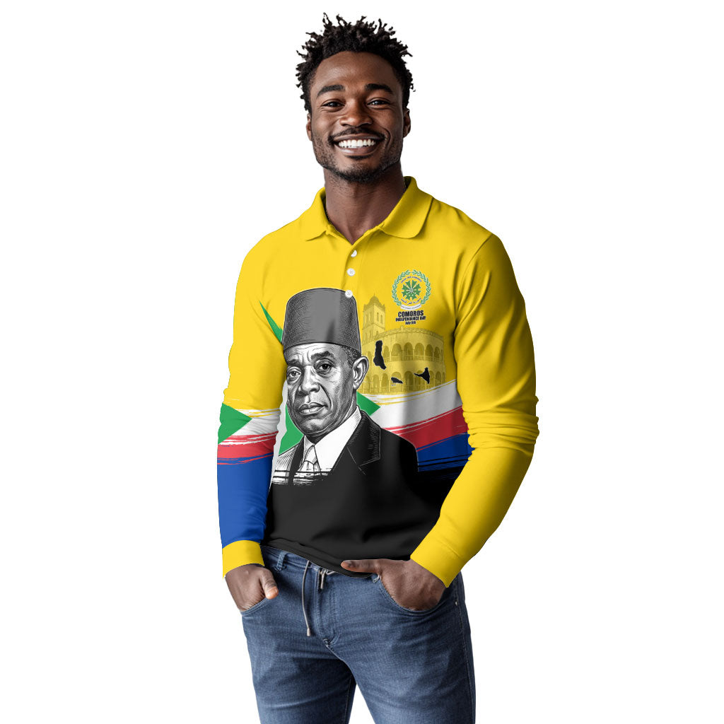 Personalized Comoros Independence Day Long Sleeve Polo Shirt Ahmed Abdallah Vintage Portrait Sketch