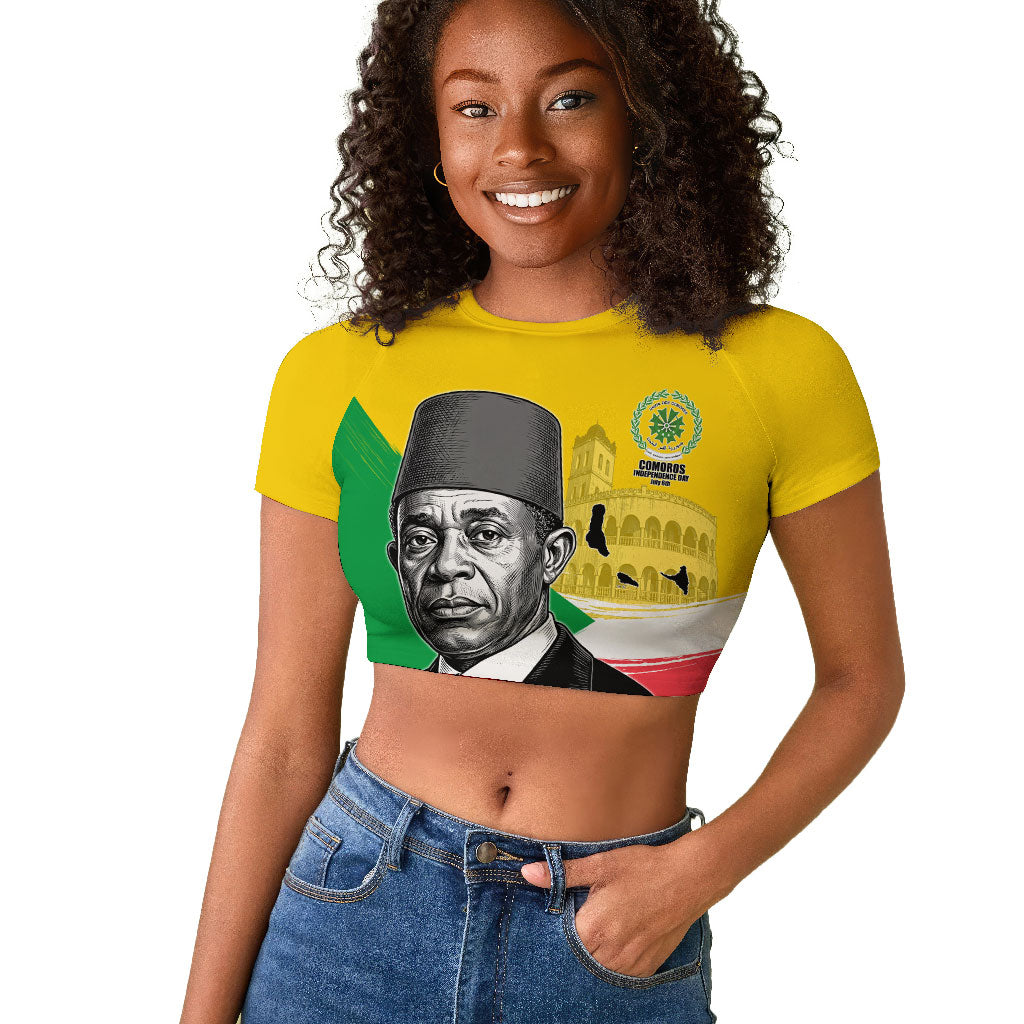 Personalized Comoros Independence Day Raglan Cropped T shirt Ahmed Abdallah Vintage Portrait Sketch