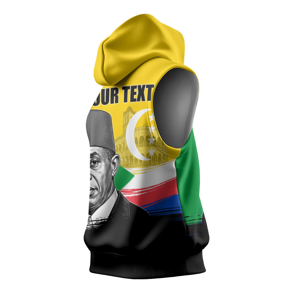 Personalized Comoros Independence Day Sleeveless Hoodie Ahmed Abdallah Vintage Portrait Sketch