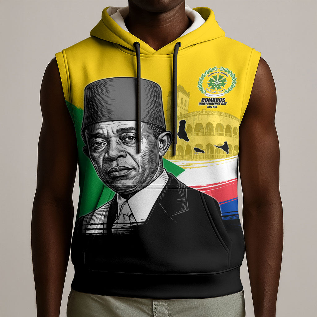 Personalized Comoros Independence Day Sleeveless Hoodie Ahmed Abdallah Vintage Portrait Sketch