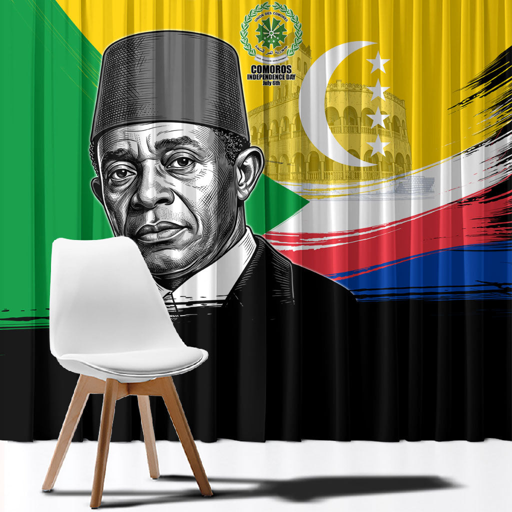 Personalized Comoros Independence Day Window Curtain Ahmed Abdallah Vintage Portrait Sketch