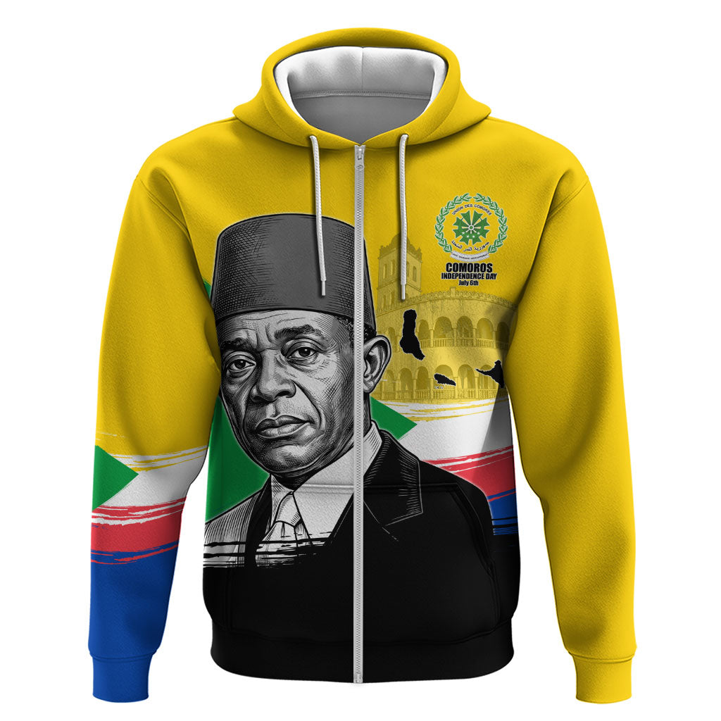 Personalized Comoros Independence Day Zip Hoodie Ahmed Abdallah Vintage Portrait Sketch