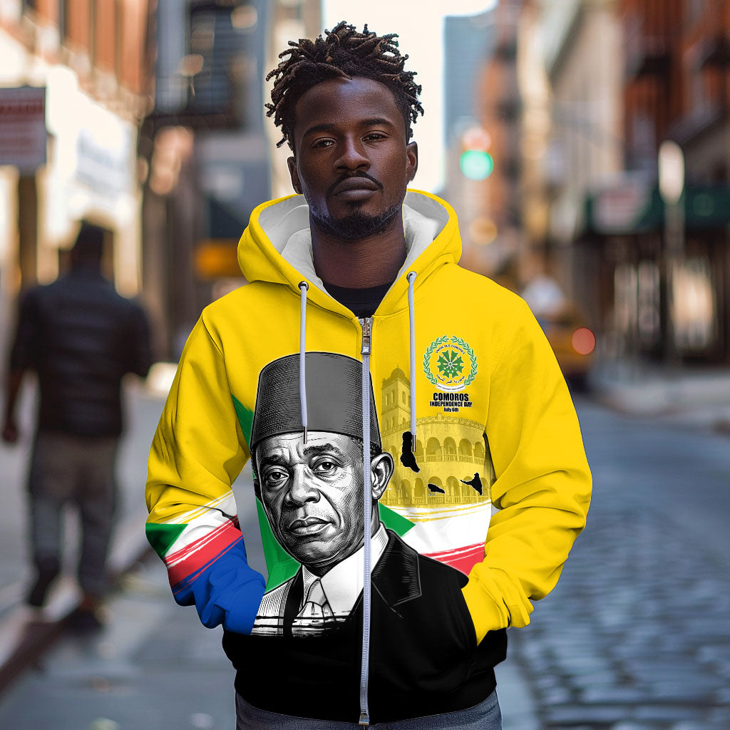 Personalized Comoros Independence Day Zip Hoodie Ahmed Abdallah Vintage Portrait Sketch