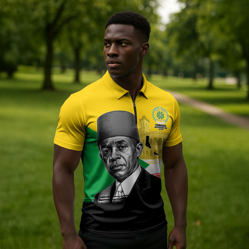 Personalized Comoros Independence Day Zipper Polo Shirt Ahmed Abdallah Vintage Portrait Sketch