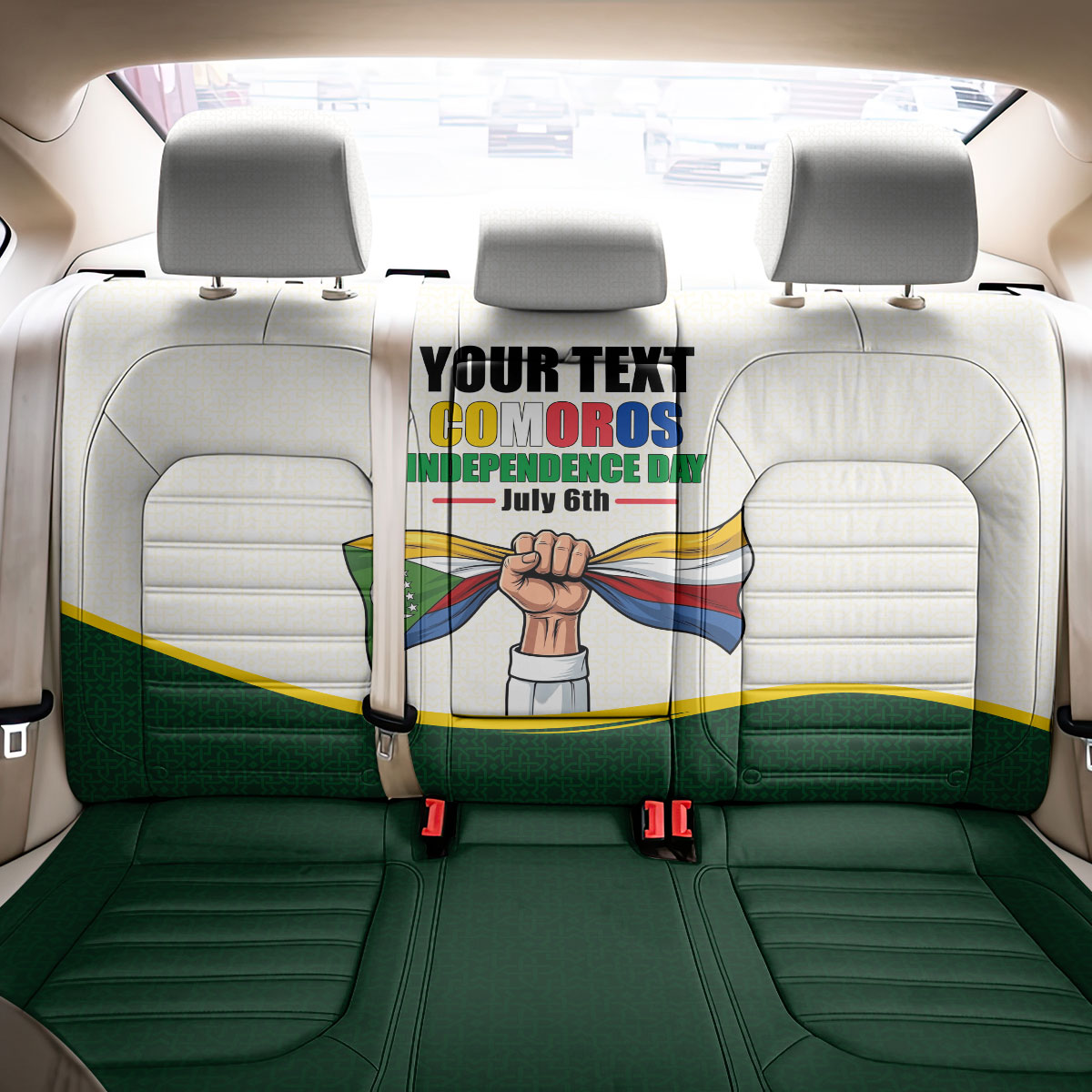Personalized Comoros Independence Day Back Car Seat Cover July 6th National Pride Flag Graphic With Heritage Emblem