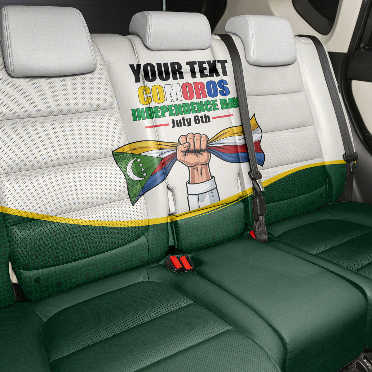 Personalized Comoros Independence Day Back Car Seat Cover July 6th National Pride Flag Graphic With Heritage Emblem