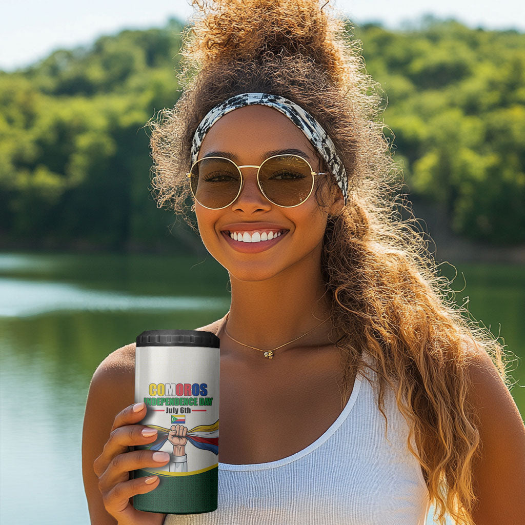 Personalized Comoros Independence Day 4 in 1 Can Cooler Tumbler July 6th National Pride Flag Graphic With Heritage Emblem