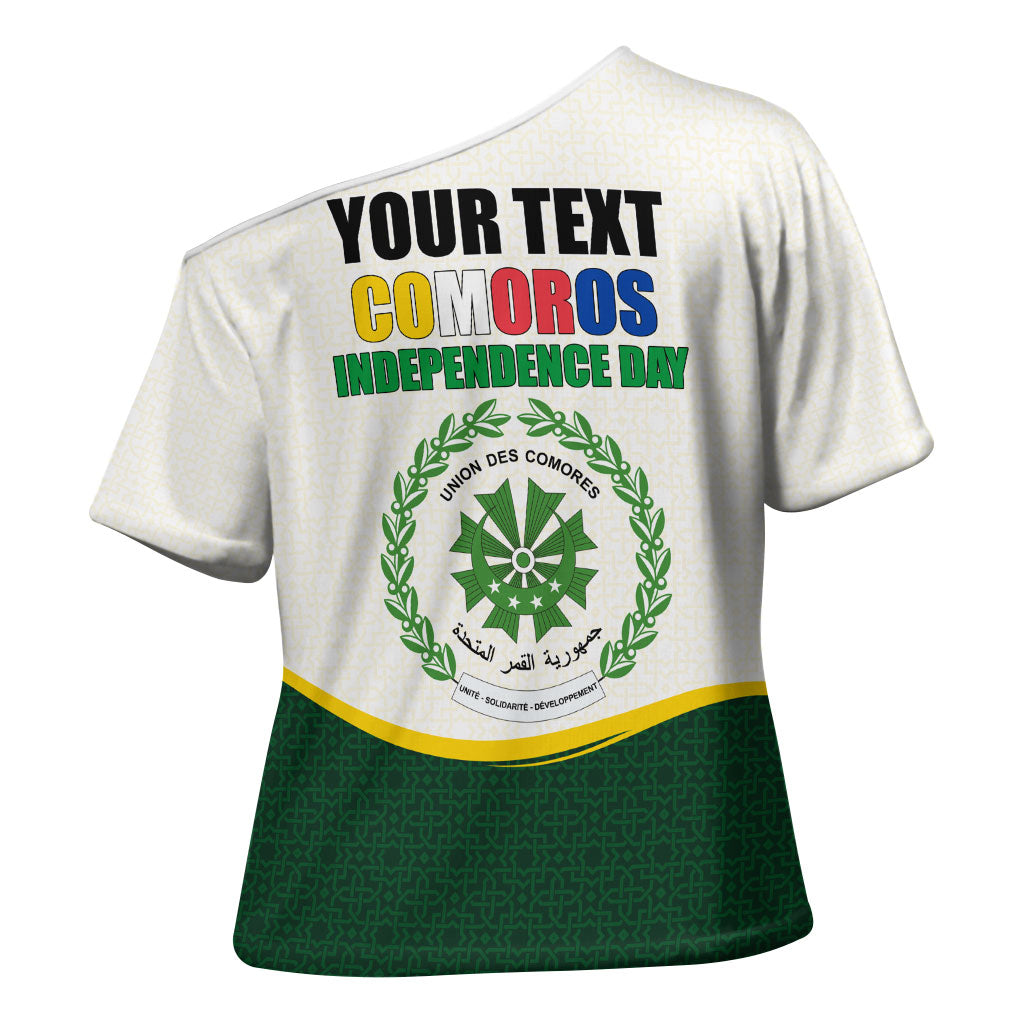 Personalized Comoros Independence Day Cross Shoulder Shirt July 6th National Pride Flag Graphic With Heritage Emblem