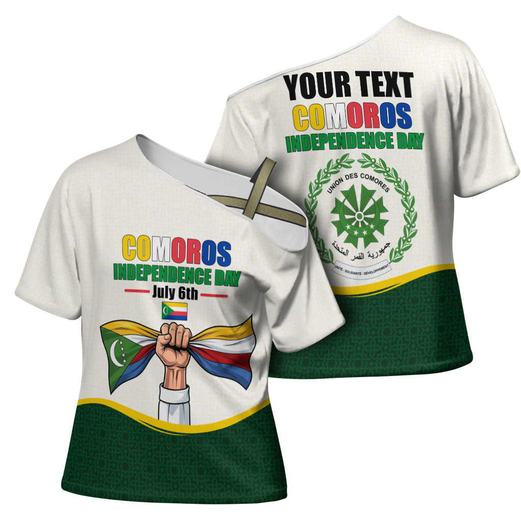 Personalized Comoros Independence Day Cross Shoulder Shirt July 6th National Pride Flag Graphic With Heritage Emblem