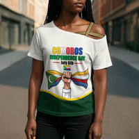 Personalized Comoros Independence Day Cross Shoulder Shirt July 6th National Pride Flag Graphic With Heritage Emblem