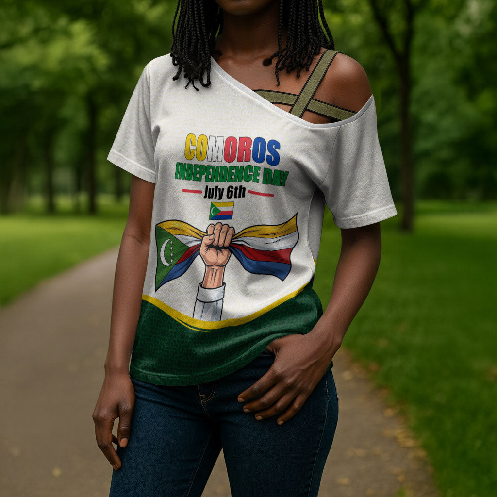 Personalized Comoros Independence Day Cross Shoulder Shirt July 6th National Pride Flag Graphic With Heritage Emblem