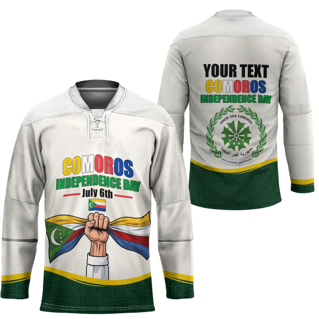 Personalized Comoros Independence Day Hockey Jersey July 6th National Pride Flag Graphic With Heritage Emblem