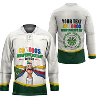 Personalized Comoros Independence Day Hockey Jersey July 6th National Pride Flag Graphic With Heritage Emblem