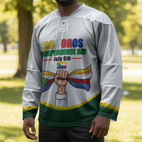 Personalized Comoros Independence Day Hockey Jersey July 6th National Pride Flag Graphic With Heritage Emblem
