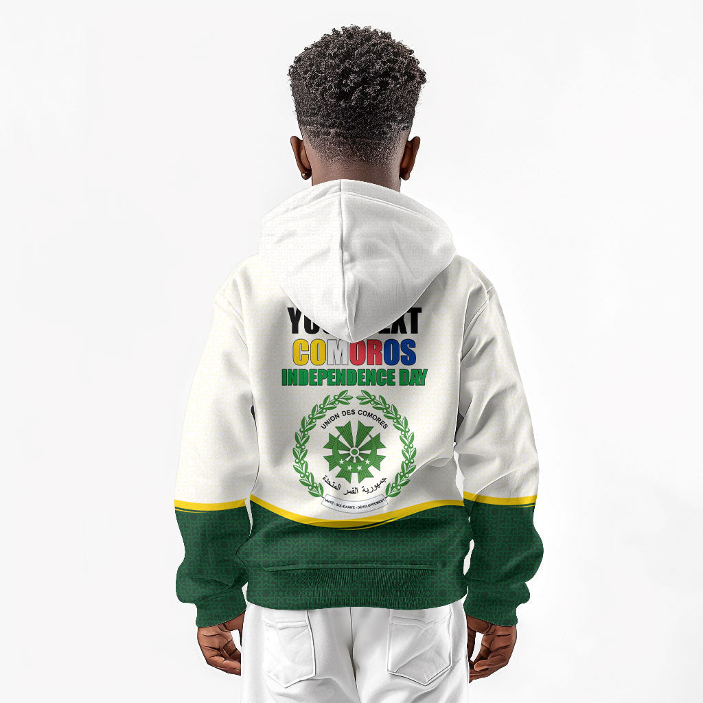 Personalized Comoros Independence Day Kid Hoodie July 6th National Pride Flag Graphic With Heritage Emblem