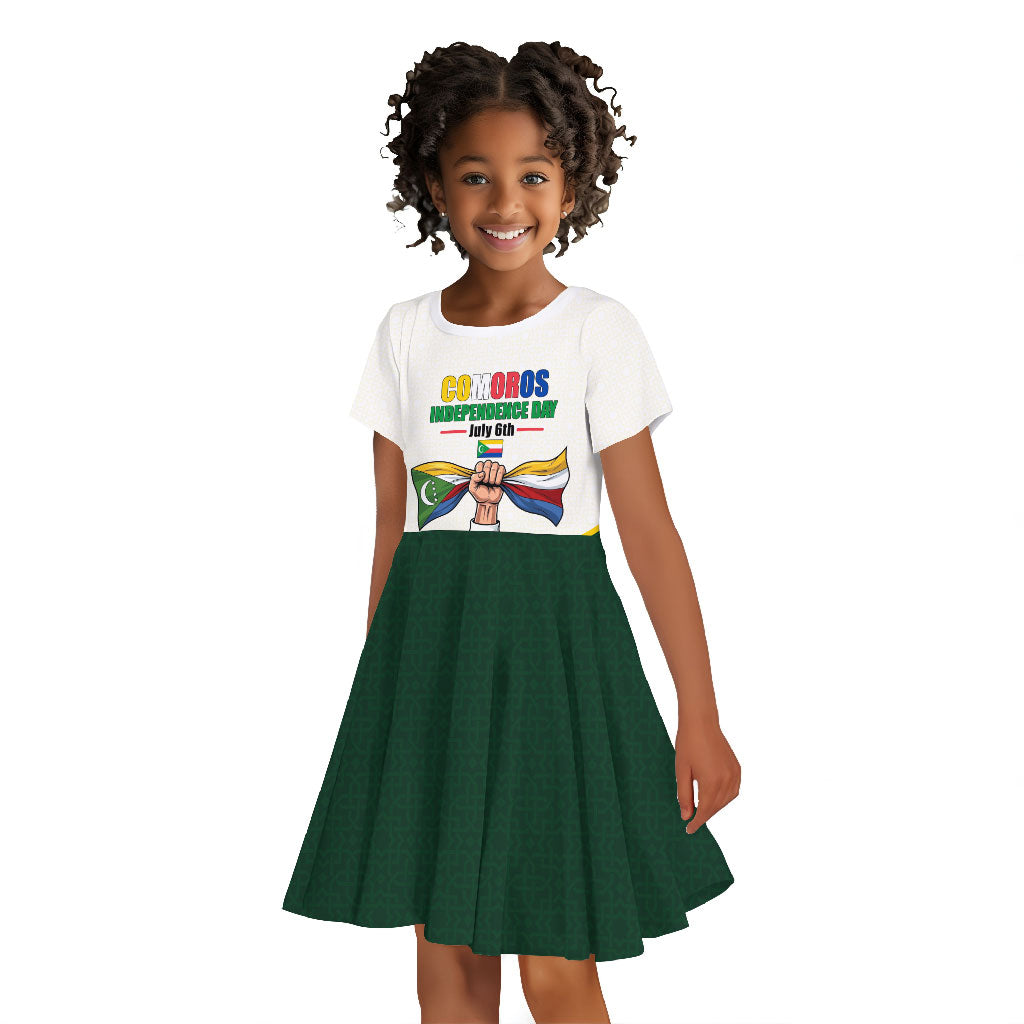 Personalized Comoros Independence Day Kid Short Sleeve Dress July 6th National Pride Flag Graphic With Heritage Emblem
