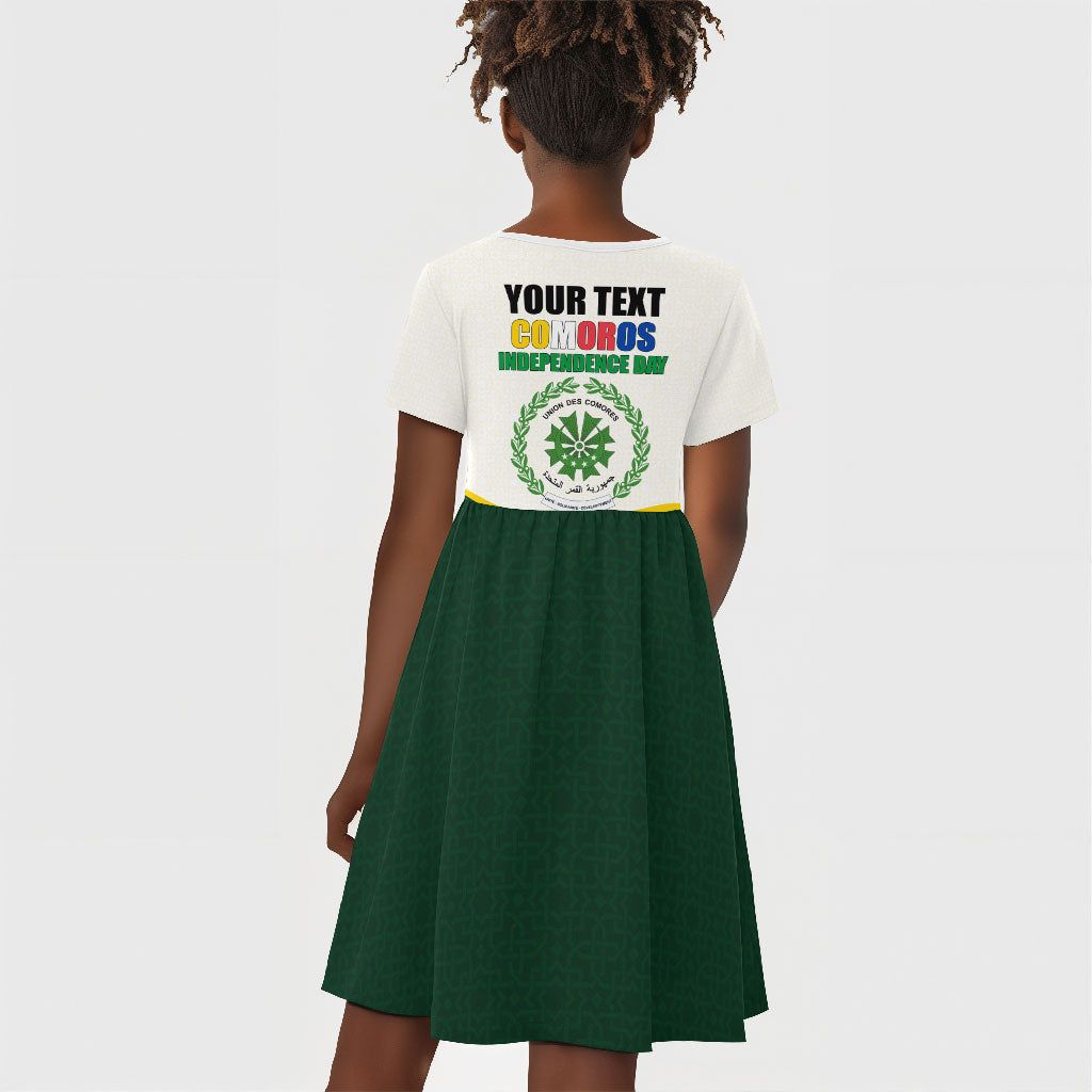 Personalized Comoros Independence Day Kid Short Sleeve Dress July 6th National Pride Flag Graphic With Heritage Emblem