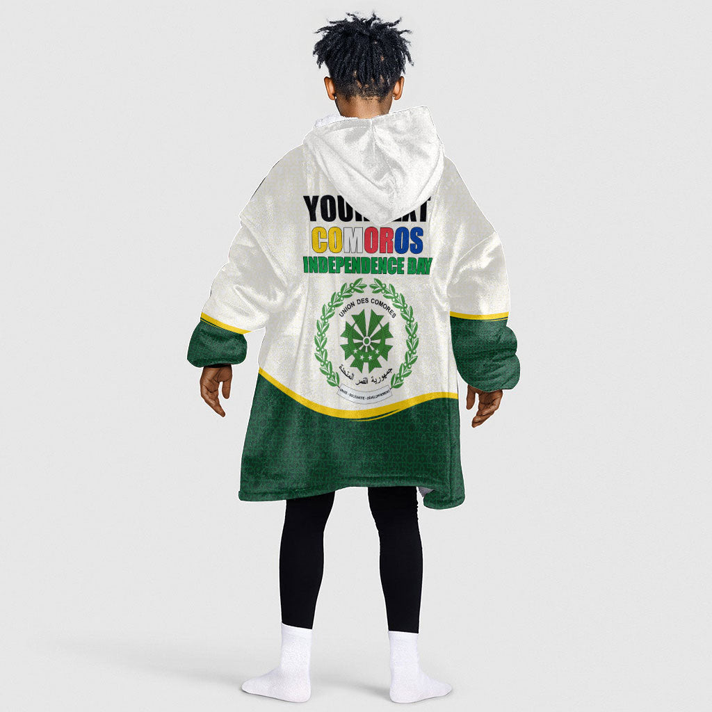 Personalized Comoros Independence Day Kid Wearable Blanket Hoodie July 6th National Pride Flag Graphic With Heritage Emblem
