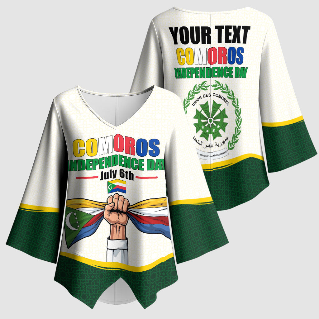 Personalized Comoros Independence Day Kimono Sleeve Blouse July 6th National Pride Flag Graphic With Heritage Emblem
