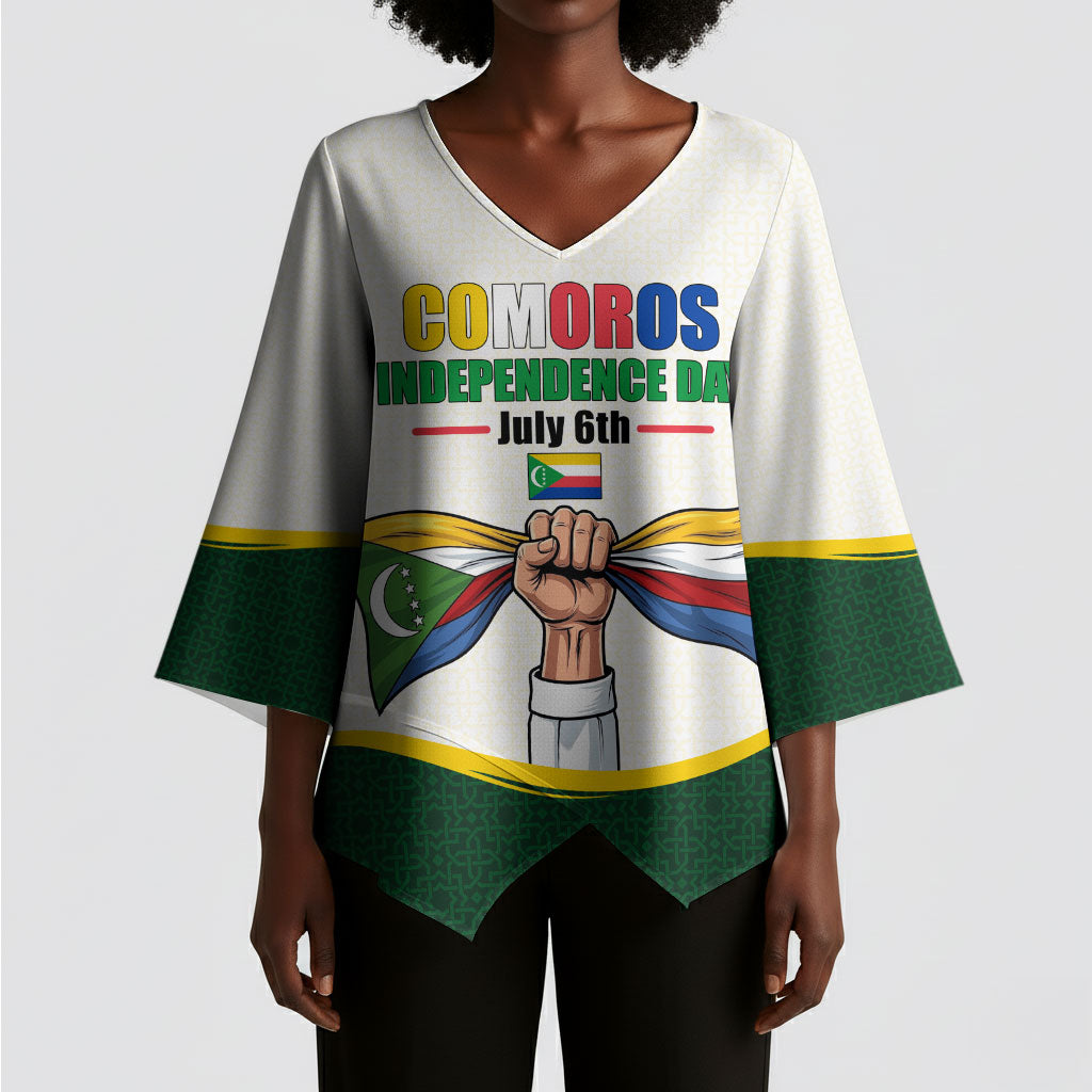 Personalized Comoros Independence Day Kimono Sleeve Blouse July 6th National Pride Flag Graphic With Heritage Emblem