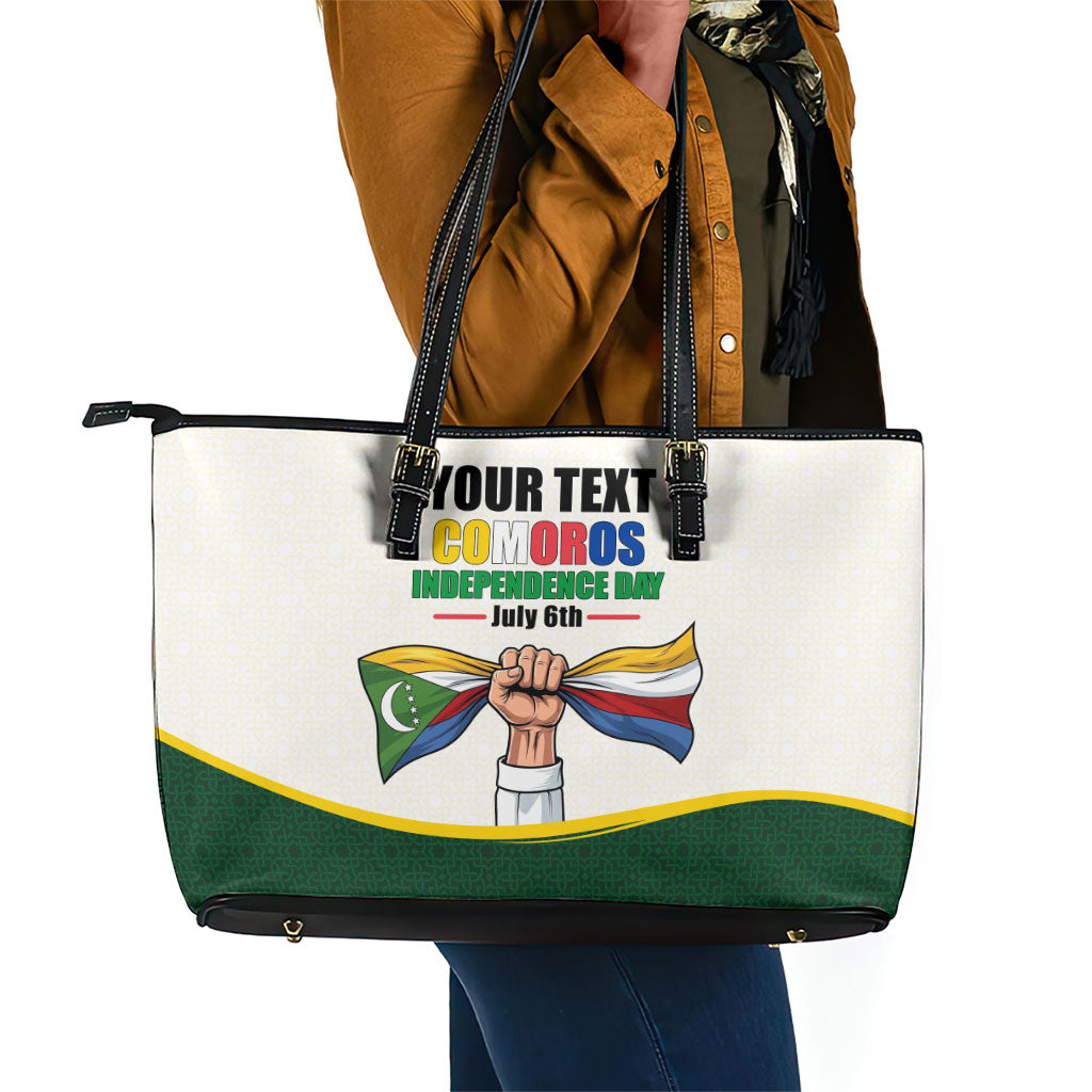 Personalized Comoros Independence Day Leather Tote Bag July 6th National Pride Flag Graphic With Heritage Emblem