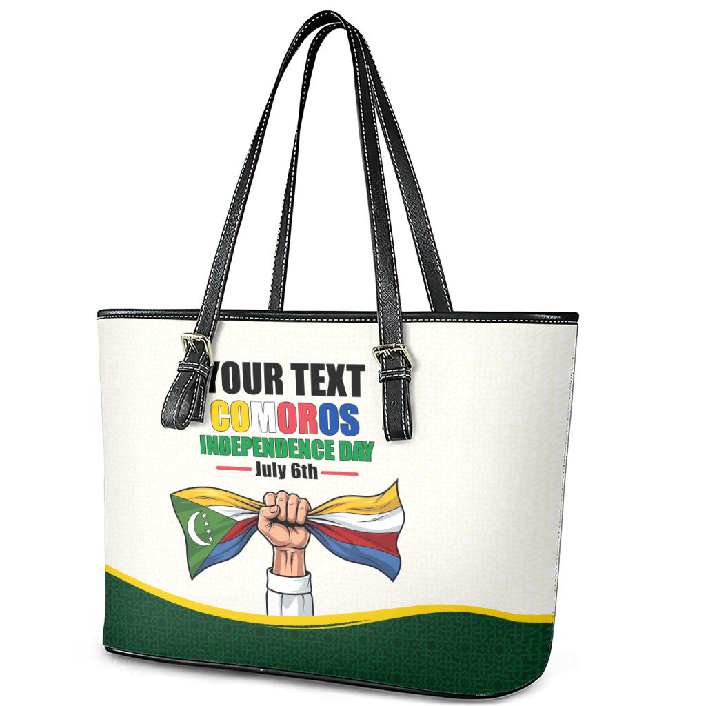 Personalized Comoros Independence Day Leather Tote Bag July 6th National Pride Flag Graphic With Heritage Emblem