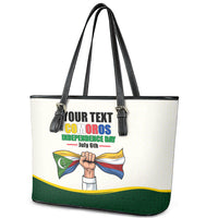 Personalized Comoros Independence Day Leather Tote Bag July 6th National Pride Flag Graphic With Heritage Emblem