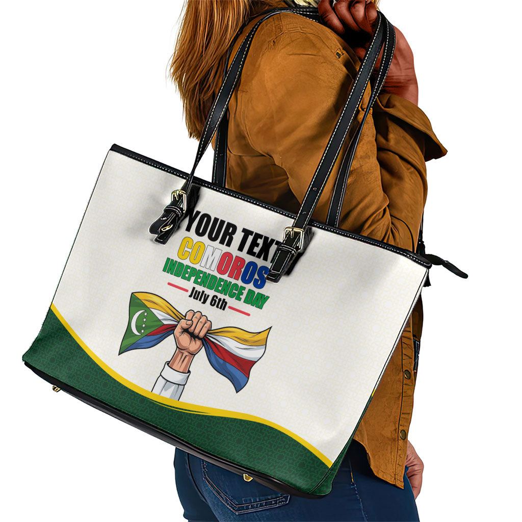 Personalized Comoros Independence Day Leather Tote Bag July 6th National Pride Flag Graphic With Heritage Emblem