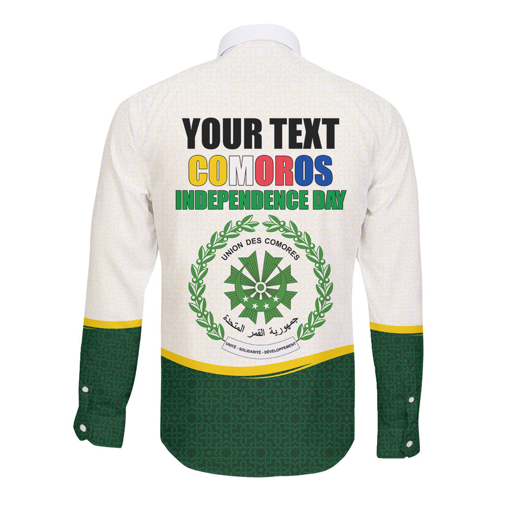 Personalized Comoros Independence Day Long Sleeve Button Shirt July 6th National Pride Flag Graphic With Heritage Emblem