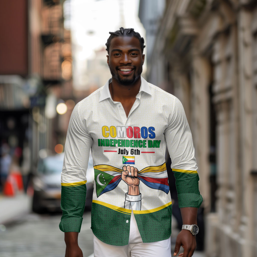 Personalized Comoros Independence Day Long Sleeve Button Shirt July 6th National Pride Flag Graphic With Heritage Emblem