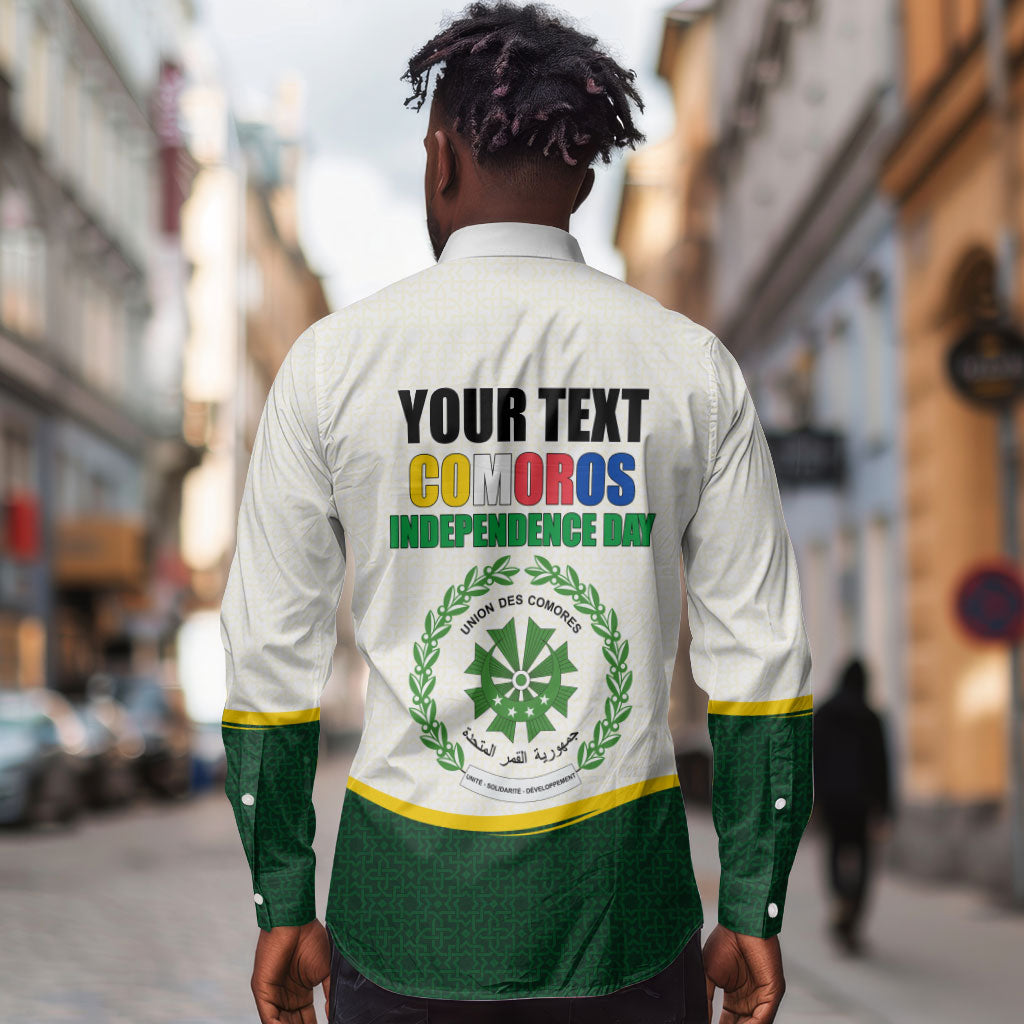Personalized Comoros Independence Day Long Sleeve Button Shirt July 6th National Pride Flag Graphic With Heritage Emblem