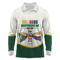 Personalized Comoros Independence Day Long Sleeve Polo Shirt July 6th National Pride Flag Graphic With Heritage Emblem