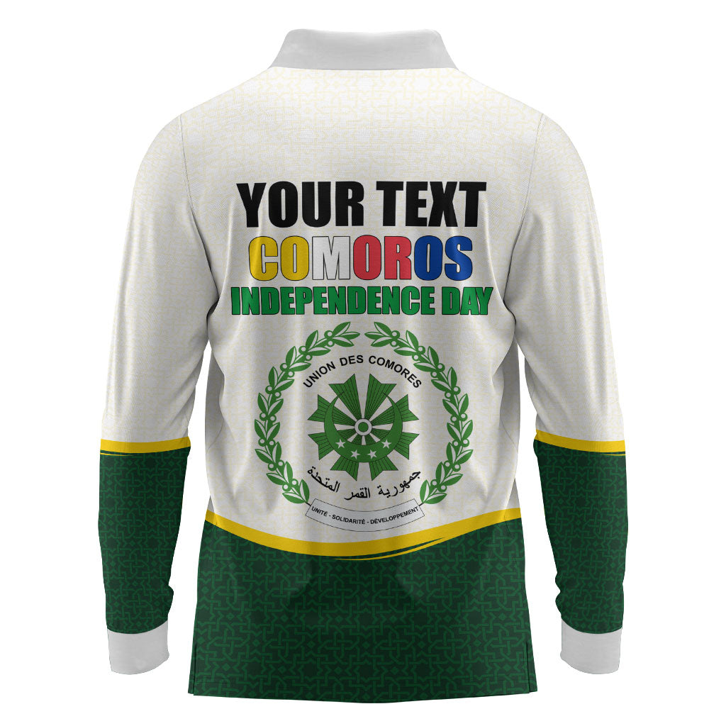 Personalized Comoros Independence Day Long Sleeve Polo Shirt July 6th National Pride Flag Graphic With Heritage Emblem