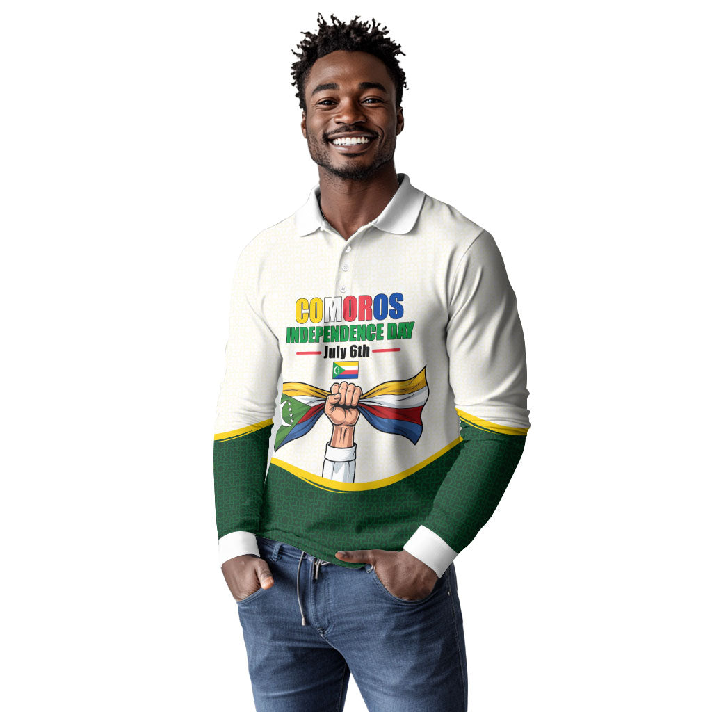 Personalized Comoros Independence Day Long Sleeve Polo Shirt July 6th National Pride Flag Graphic With Heritage Emblem