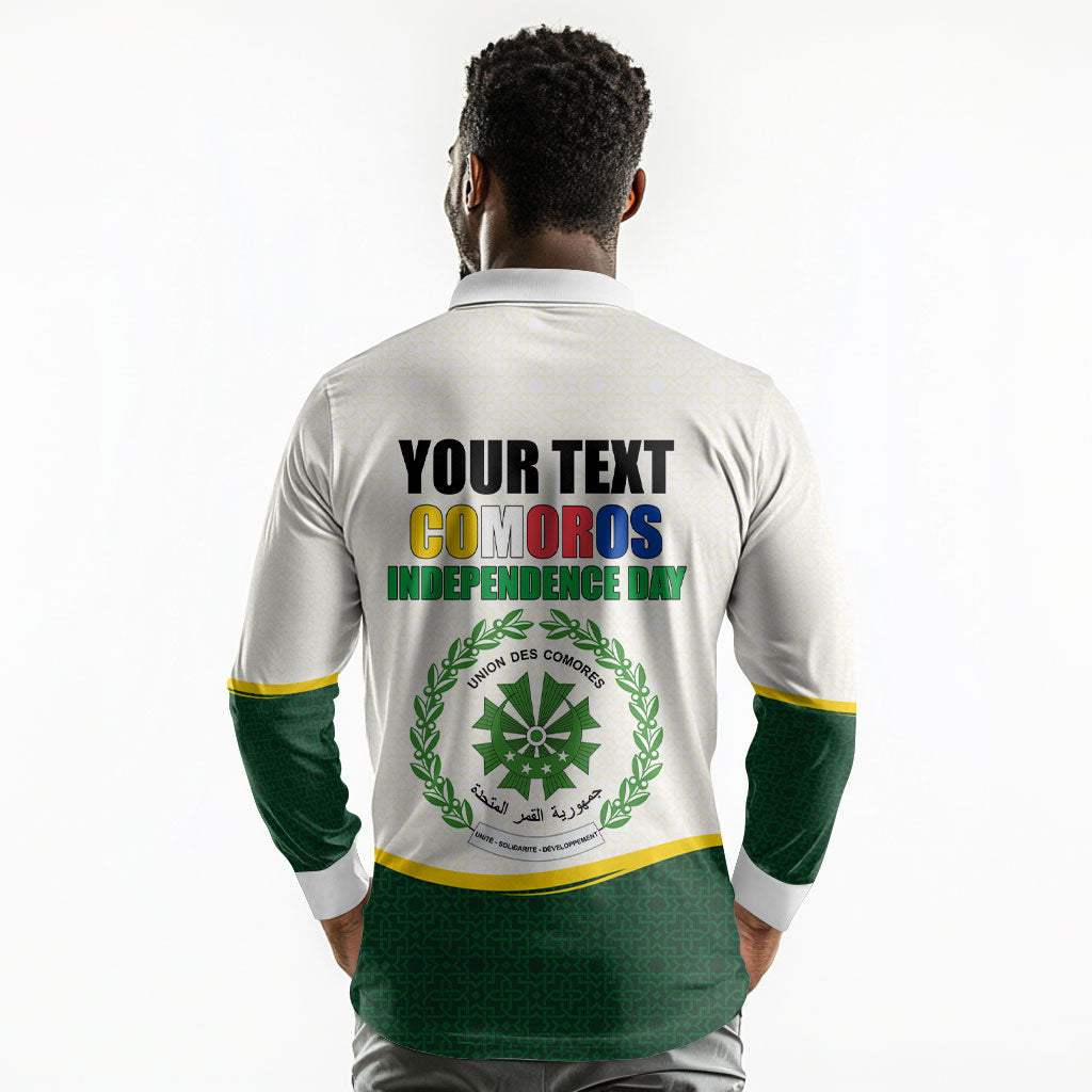 Personalized Comoros Independence Day Long Sleeve Polo Shirt July 6th National Pride Flag Graphic With Heritage Emblem