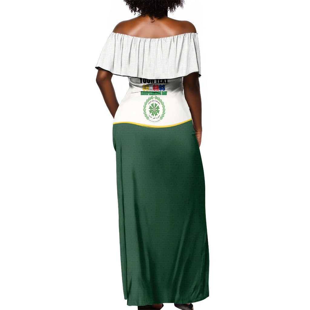 Personalized Comoros Independence Day Off Shoulder Maxi Dress July 6th National Pride Flag Graphic With Heritage Emblem