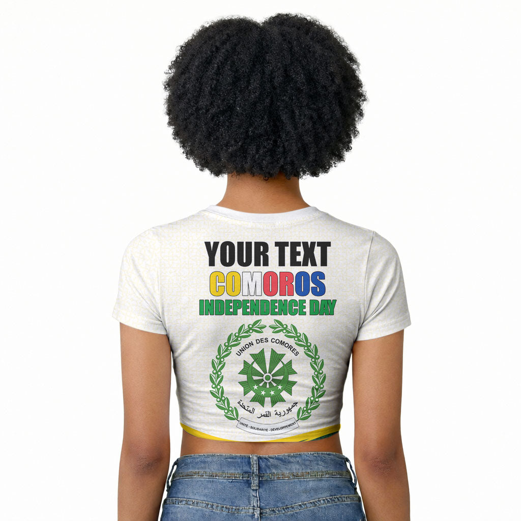 Personalized Comoros Independence Day Raglan Cropped T shirt July 6th National Pride Flag Graphic With Heritage Emblem